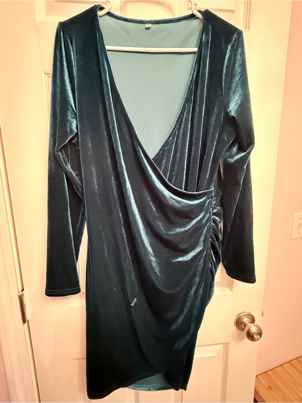 Amazon Teal Velvet Drape Wrap Long Sleeve Dress
